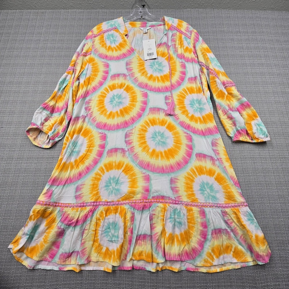 Crown & Ivy Peasant Dress Womens Large Multicolor Tie Dye Boho Tassel Mini
